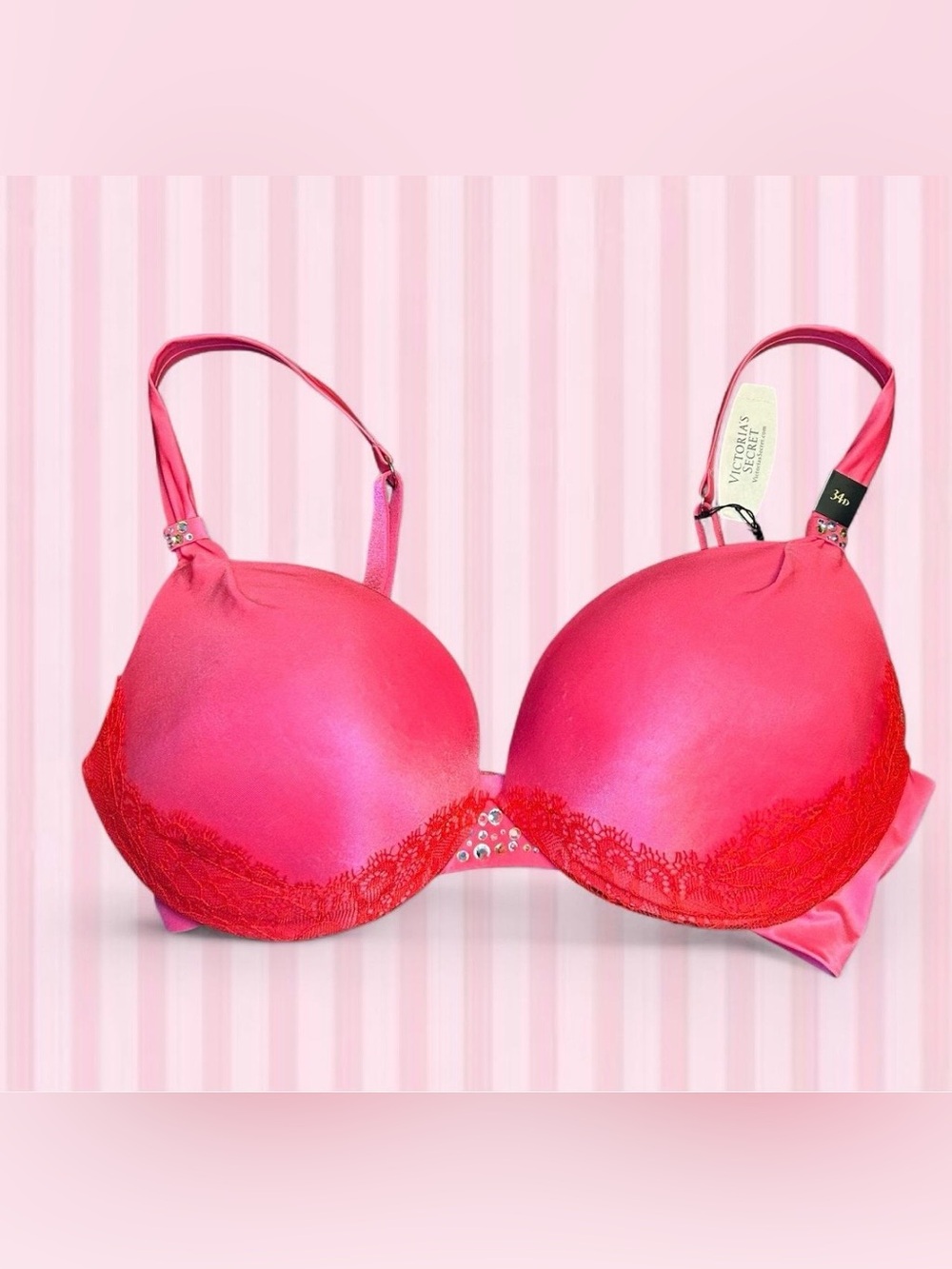 Victoria's Secret Hot Pink Plunge Push Up Bra with Red Lace Trim 2012 NOS